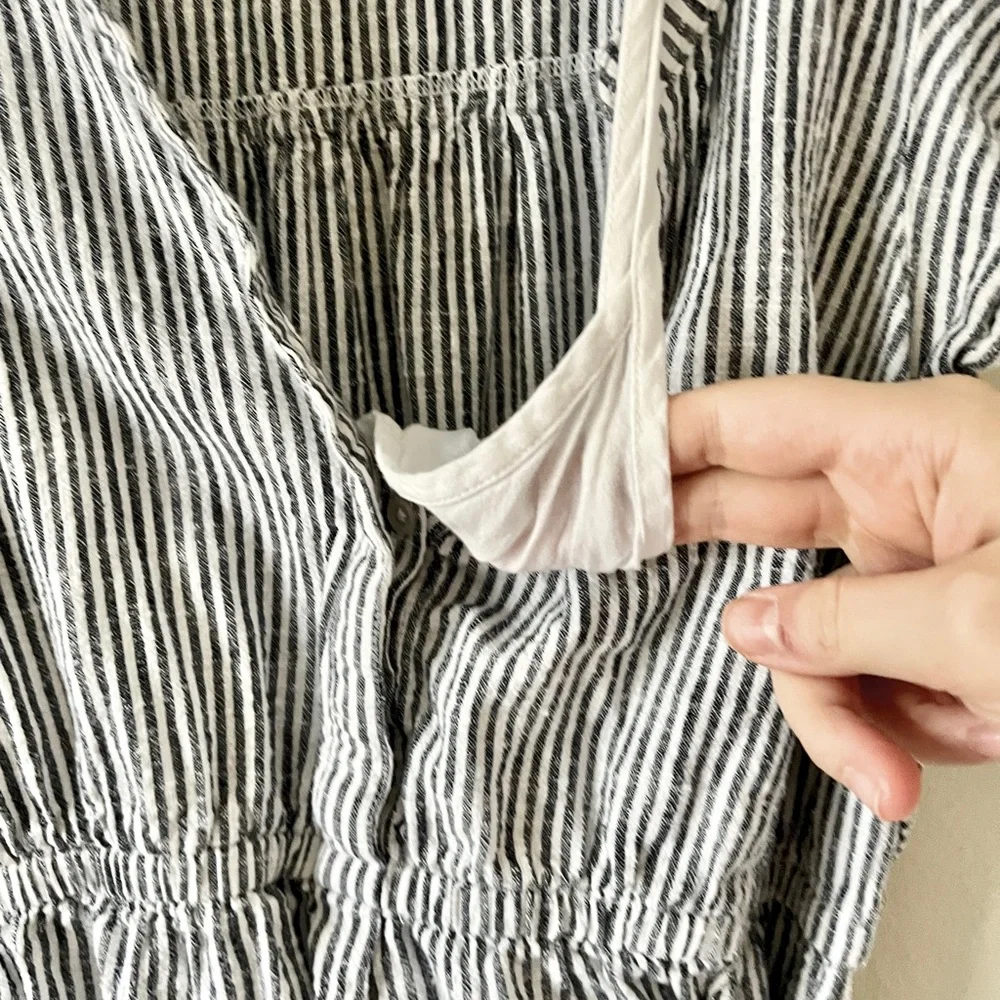 Dark Navy Pinstripe 100% Cotton Maternity Dress Costal Casual Ruffle Sleeve - Picture 5 of 9